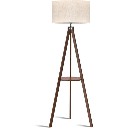 LEPOWER Tripod Floor Lamp, Mid Century Wood Standing Lamp, Modern Design Shelf Floor Lamp for Living Room, Bedroom, Office, Flaxen Lamp Shade with E26 Lamp Base Dark Brown