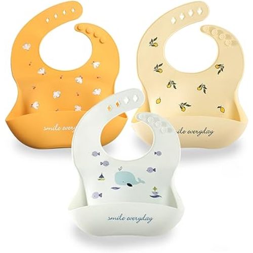 Baby Silicone Feeding Bibs, 3pcs Adjustable Waterproof Bibs for Feeding