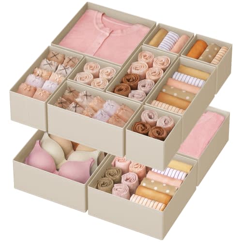 SONGMICS Drawer Organizers, Dresser Divider Organizers, Set of 12, Foldable Fabric Storage Boxes for Socks, Underwear, Bras, Ties, Scarves, Summer Sand URDZ006Y02