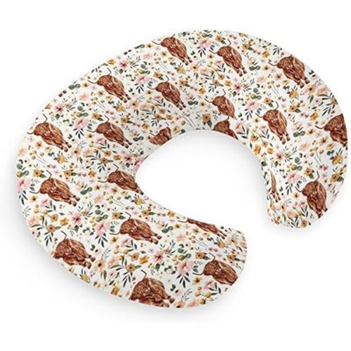 HawSkgFub Highland Cow Pink Floral Nursing Pillow Cover for Baby Girl, Boho Retro Flower Western Farm Animal Yak Breastfeeding Pillow Slipcover, Cow Lover Nursing Pillowcase Newborn Infant, Cover Only