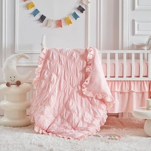 Ruffled Crib Bedding Set Baby Boho Quilted Comforter with Fitted Sheet and Bed Skirt - Cute Soft Breathable Seersucker Ruffled Shabby Chic Bedding Soft Blanket Design - Light Pink