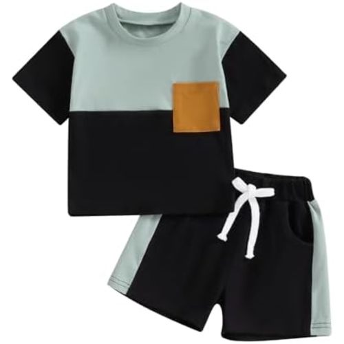 Rtnnsbbfcm Newborn Baby Boy Summer Clothes Short Sleeve Color Block Front Pocket T-Shirt Top Shorts 2Pcs Casual Outfit