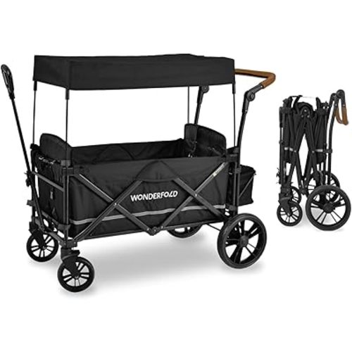 WONDERFOLD X2 Push & Pull Stroller Wagon (2 Seater) - Collapsible Wagon Stroller with 5-Point Seatbelt Harnesses, Push & Pull Handles & Removable Sun Canopy, Pitch Black