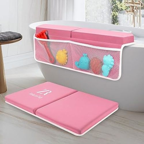 Baby Bath Kneeler and Elbow Rest Pad Set - Comfortable Non-Slip Cushion with Toy Organizer Pockets, Baby Bathtub Mat for Bathing Needs, Baby Bath Set for Toddlers and Newborns (Pink)