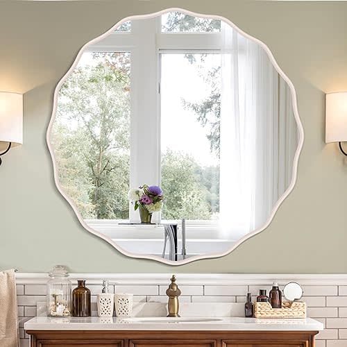 Distressed White Finish Round Mirror for Wall Decorative 24" Modern Wavy Circle Mirror for Bathroom Bedroom Living Room Home House Office Entryway