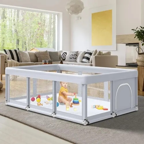 74" ×50" Large Baby Playpen, Baby Playard for Babies and Toddlers, Play Fence Play Pens for Indoor & Outdoor, Sturdy Safety Play Yard with Soft Breathable Mesh, Anti-Fall, Grey