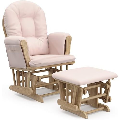 Storkcraft Premium Hoop Glider and Ottoman (Natural/Pink) – Padded Cushions with Storage Pocket, Smooth Rocking Motion, Easy to Assemble, Solid Hardwood Base