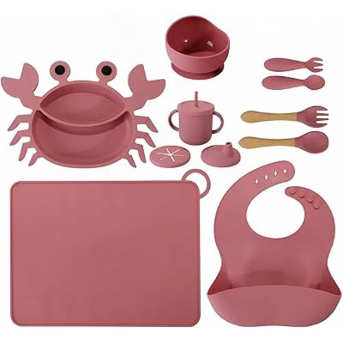 Silicone Baby Feeding Set 12-Piece BPA-Free Baby Led Weaning Kit for 6+ Months – Crab Suction Plate, Bowl, forks, spoons, Bib, Cup, lids & More – Gift Kraft Box – Baby Registry Pink