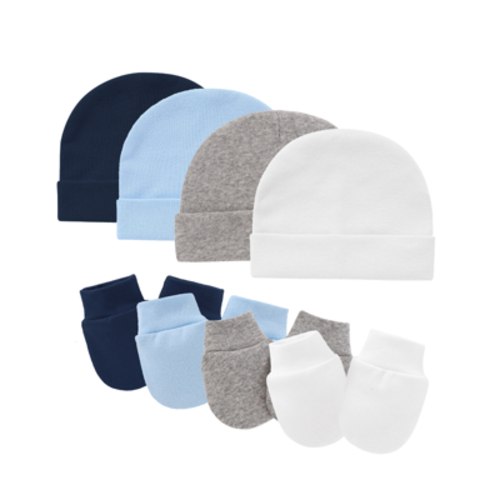 Tisoloow Baby Hats with Scratch Mittens Set Unisex Newborn Hospital Hats for Baby Boys Girls Cute Infant Beanie Caps Cotton Soft Baby Hat Navy&Light Blue&Light Grey&White One Size