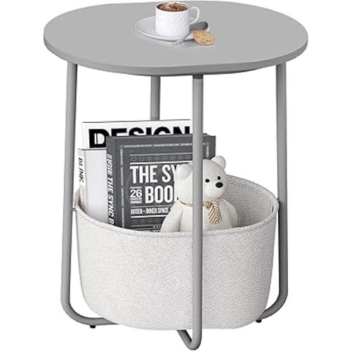 TUTOTAK Small Side Table, Oval End Table, Night Stand, Bedside Table, Sofa Table with Cloth Storage Basket, Living Room, Bed Room, Dark Grey TB01BH063