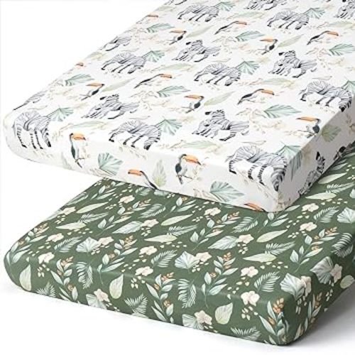 Pack n Play Sheets, BROLEX 2 Pack Mini Crib Sheets,Stretchy Portable Fitted Playard Sheet Set, Convertible Playard Mattress Cover,Ultra Soft Breathable Material,Zebra Forest