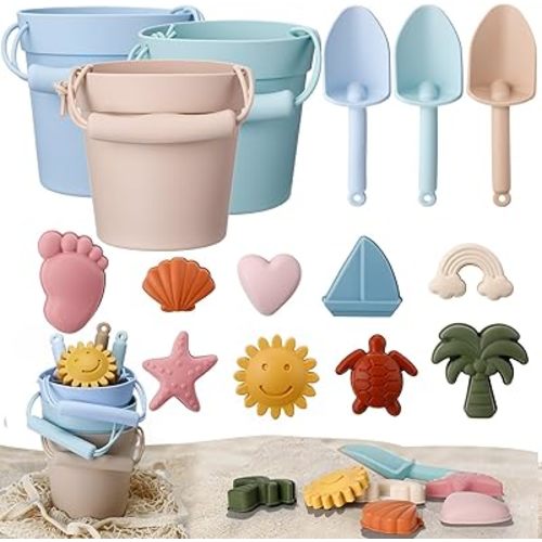 Hungdao 16 Pcs Silicone Beach Toys Travel Friendly Beach Set Colorful Beach Toys Include 3 Silicone Bucket Pail, 3 Shovel, 9 Sand Molds, 1 Beach Bag for Summer Pool Outdoor