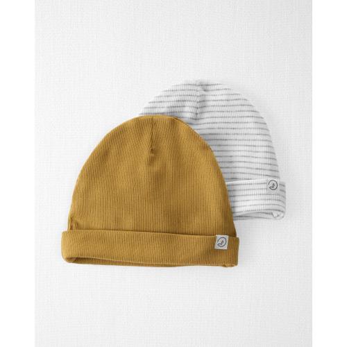 Baby 2-Pack Organic Cotton Rib Caps - 3-9M - Style,Tan, Striped Gray