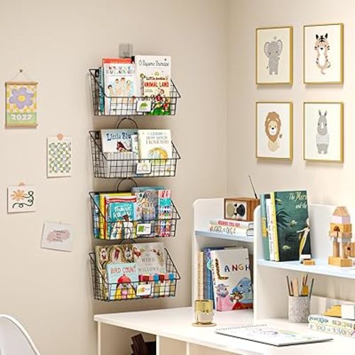 Wall Mounted Metal Kids Bookshelf,Nursery Wall Book Shelf for Kids Rooms,Floating Toddler Book Shelves with Handles and Hooks,Hanging Bookshelves for Classroom Baby Room Decor,Set of 4