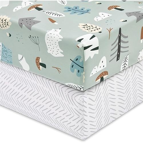 TILLYOU Fitted Crib Sheet Set - Super Soft Toddler Bed Sheets for Standard Crib and Toddler Mattresses, Premium Cozy Nursery Bedding Sheet 28"x52", Jungle Walk and White Stripes