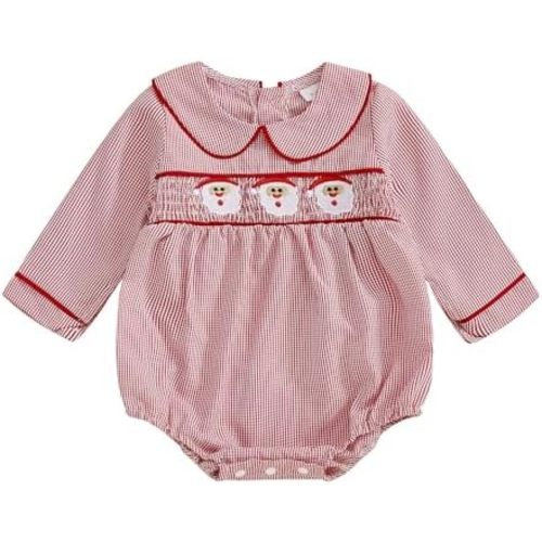 Infant Boys Santa Romper Long Sleeve Babydoll Collar Candy Cane Smocked Bodysuit Tops Newborn Baby Christmas Clothes