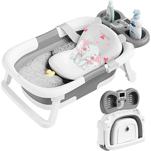 Collapsible Baby Bathtub,Baby Bath Tub with Soft Cushion & Thermometer,Baby Bathtub Newborn to Toddler 0-36 Months,Portable Travel Baby Tub