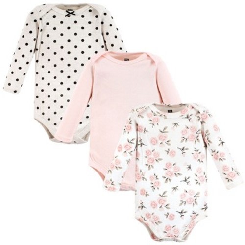 Hudson Baby Infant Girl Cotton Long-Sleeve Bodysuits, Cinnamon Pink Prints 3-Pack, 0-3 Months