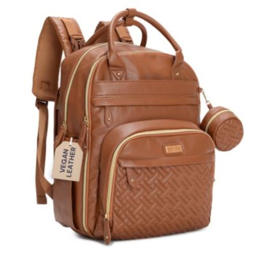 Premium Faux Leather Diaper Bag Backpack Spacious & Stylish Nappy Organizer Light Brown