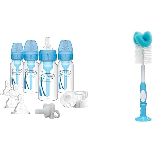 Dr. Brown's Natural Flow Anti-Colic Options+ Narrow Breast to Bottle Pump & Store Feeding Set with S & Reusable Sponge Baby Bottle Cleaning Brush with Suction Cup Stand