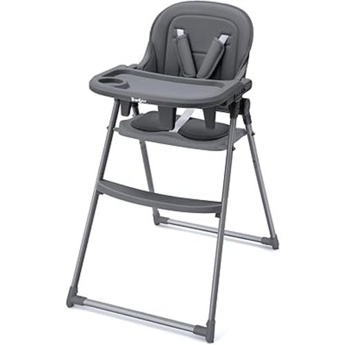 Foldable High Chair, High Chairs for Babies and Toddlers, Dining Chairs and Eating Chair with Adjustable Tray and 5 Point Harness for Infant, Gray