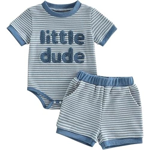 Mamas Boy Baby Clothes​ Summer Newborn 3 6 9 12 Months Striped Waffle Knit Short Sleeve Romper Shorts Set Outfit