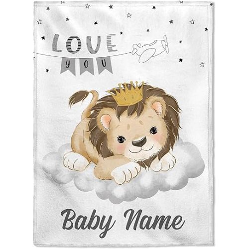 FLOCHIL Personalized Baby Blanket for Boys, Custom with Name, Lion Theme, Newborn Gift