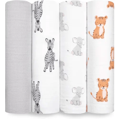 aden + anais Essentials Muslin Swaddle Blankets for Baby Girls and Boys, Newborn Receiving Blanket for Swaddling, 100% Cotton Baby Swaddle Wrap, 4 Pack, Safari Babes