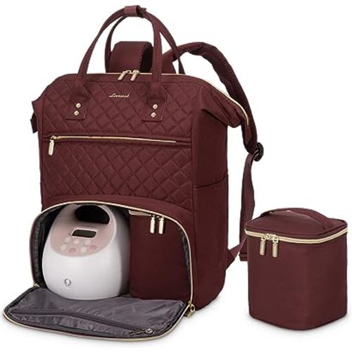 LOVEVOOK Breast Pump Backpack with Cooler Bag, Quilted Breast Pump Bags Fits Spectra S1, S2 Medela, Travel Double Layer Pumping Bag for Working Moms with 15.6" Laptop Pocket, Wine Red