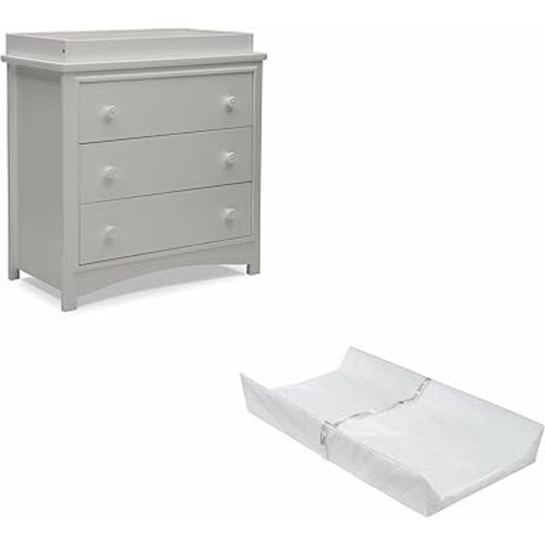 Delta Children Perry 3 Drawer Dresser with Changing Top and Interlocking Drawers, Moonstruck Grey + Contoured Changing Pad, White (Bundle)