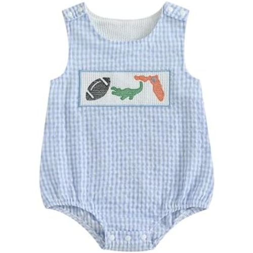 Baby Girl Boy Football Outfit College Football Bubble Romper Sleeveless Plaid Overalls Bodysuit Game Day Clothes