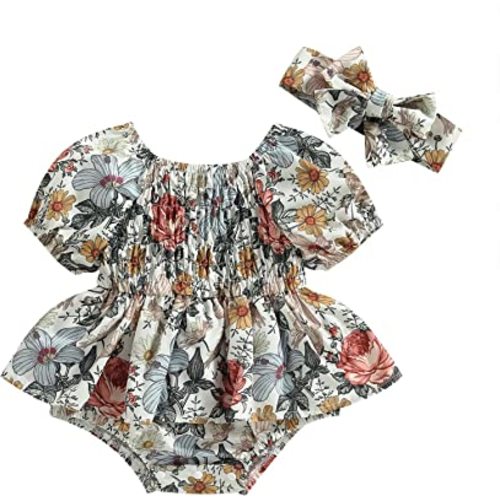 Baby Girls Daisy Playsuits Ruffled Bodysuit+Headband Print Fly Sleeve Romper Floral Jumpsuit Infant Summer Clothes