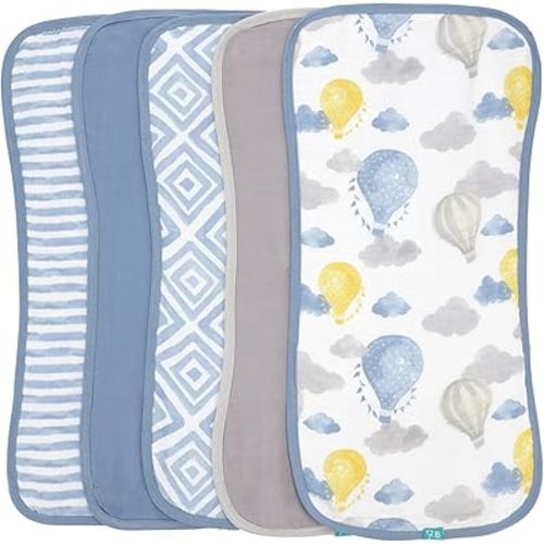 Featherhead™ 5-Pack Muslin Burp Cloths for Baby Boy Large 22" X 11" - Ultra Soft & Extra Absorbent Cotton Terry Backing (Blue Balloons)