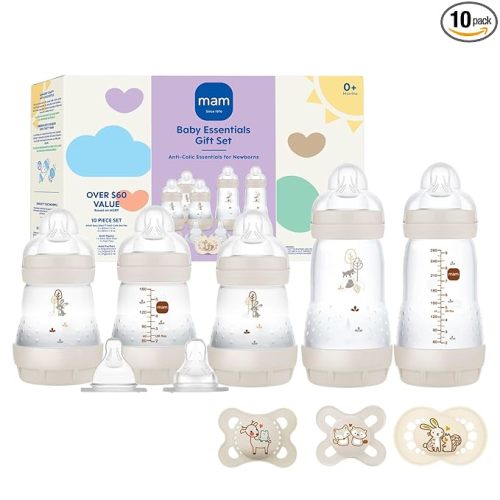 MAM Newborn Essentials Matte Feeding Set with Easy Start Anti-Colic Bottles 5oz, Self-Sterilizing, 0-3 Months Pacifiers and Skinsoft Silicone Nipples, Baby Gift, 10 Pieces