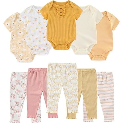 Baby Bodysuit and Pant Set Ribbed 5 Pack, 6-9 M