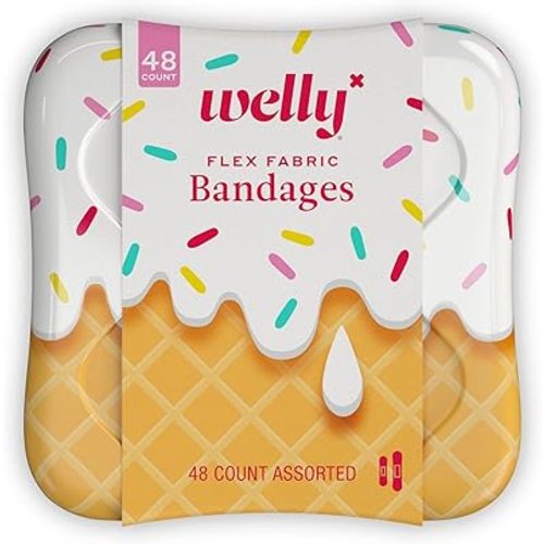 Welly Bandages | Adhesive Flexible Fabric Bravery Badges | Assorted Shapes for Minor Cuts, Scrapes, and Wounds | Colorful and Fun First Aid Tin | Ice Cream Patterns - 48 Count