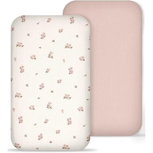 Muslin Bedside Bassinet Sheets 2 Pack, 33x20 Fitted Ultra Soft & Breathable Bedside Sleeper Sheets, Ideal for Baby Girl and Boy, Perfect for Newborns (Vintage Blossom & Pink)