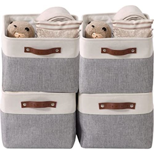 DECOMOMO Storage Baskets for Shelves - Fabric Closet Organizers and Storage Bins, Perfect Baskets for Organizing Closet Toys Nursery (Grey and White, Large - 4 Pack)