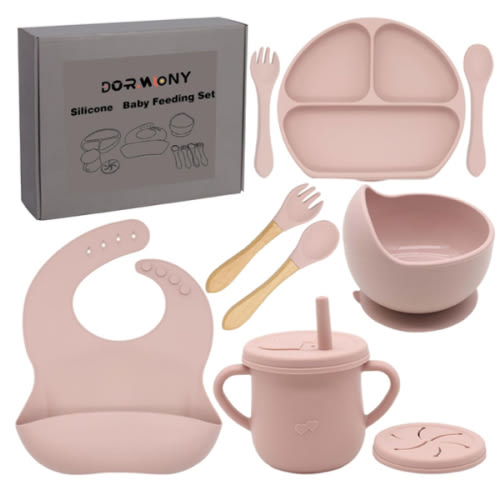 100% Silicone Baby Feeding Set,BPA Free Baby Dishes Set with Suction Bowl Divided Plate,Toddler Self Feeding Dish Set with Spoons Forks Sippy Cup and Bib, Baby Eating Utensils (Pink)