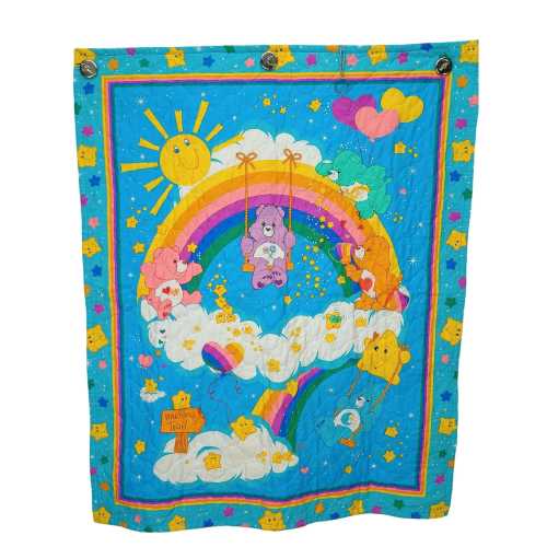 Vintage Care Bears Baby Quilt Rainbow Design 1980s Style 32" X 40" Cloud & Star Print Cotton