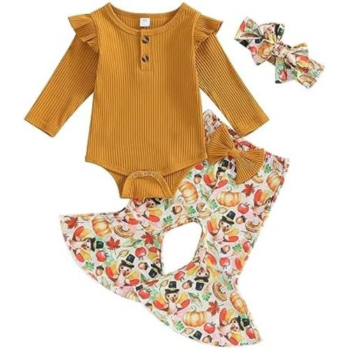 Kuriozud Newborn Baby Girl Bell Bottom Outfit Ruffle Romper Cute Bow Flare Pants Set Headband Cute Clothes