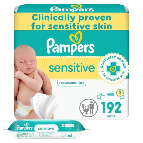 Pampers Baby Wipes Sensitive, Water Based Wipes, Hypoallergenic and Unscented Wipes, 192 Wipes Total (3 Refill Packs)