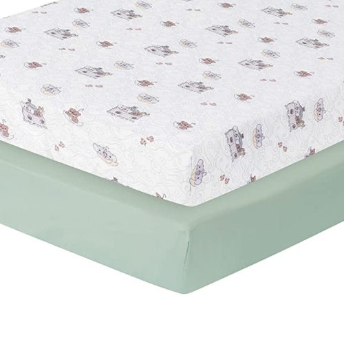 Precious Moments Noah’s Ark Fitted Crib Sheet 2 Pack by Everyday Kids; 1 Animals on the Ark Printed Crib Sheet and 1 Solid Bright Green; Adorable Wildlife Elephants, Giraffes, Bears Print