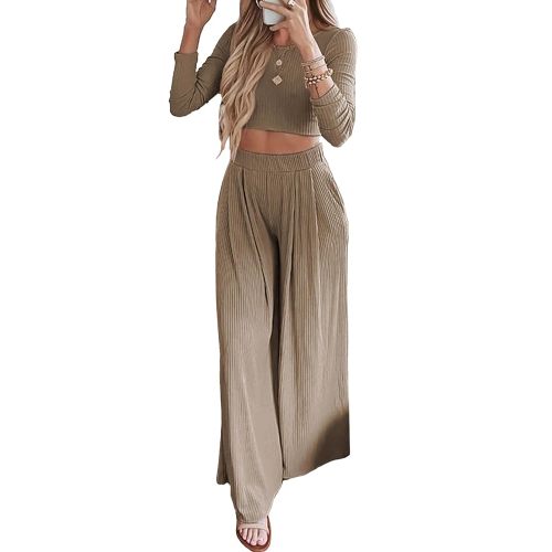 BTFBM Women's Two Piece Lounge Set Long Sleeve Bodycon Ribbed Knit Crop Top Loose Wide Leg Pant Casual Outfits Sweatsuit