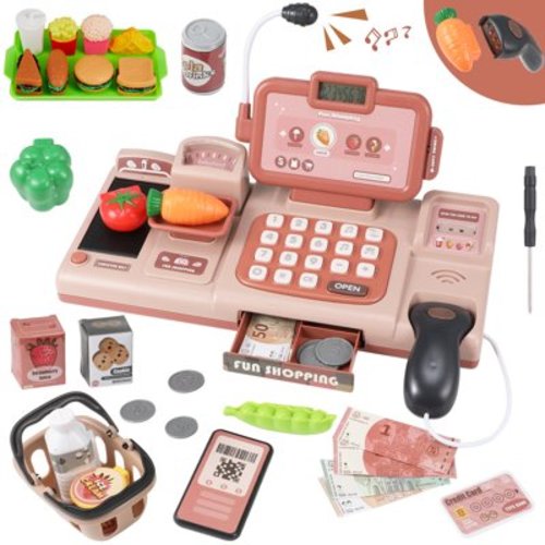 Cash Register for Kids, Anpro Pretend Store Toy Play Set with Sound Scanner, Role Play Shopping Cashier Playset with Sound Food Shopping Basket for Boys Girls 3+ Years, Pink