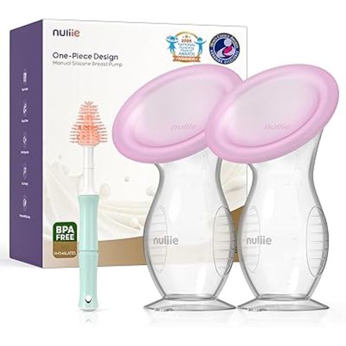 Nuliie 2PCS Silicone Manual Breast Pump with Leak-Proof Lid & Suction Cup, 4oz/120ml BPA-Free, Wearable Hand Pump Breastmilk, Breast Milk Collectors for Breastfeeding Essentials