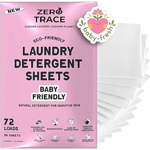 ZERO TRACE Baby Friendly Laundry Detergent Sheets, 72 Loads - Eco Friendly, All Natural, Hypoallergenic, Biodegradable - Sheet Laundry Soap for Sensitive Skin