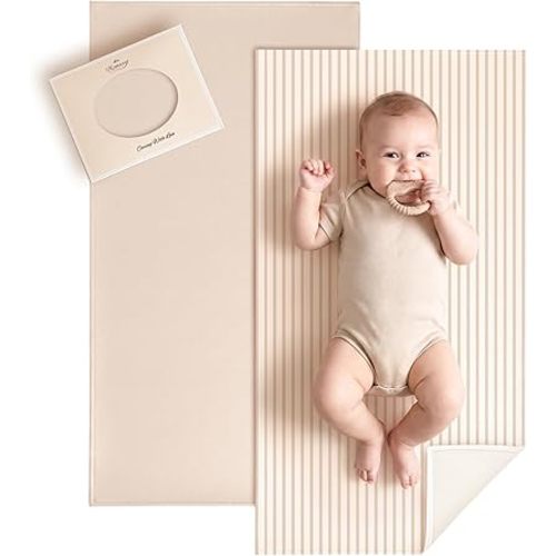 Konssy Faux Leather Baby Changing Mat, Waterproof, Wipeable & Portable Diaper Changing Pad for Travel or Home, Fits Perfectly in Diaper Bag, 30 x 17 inches (Beige,Stripes)