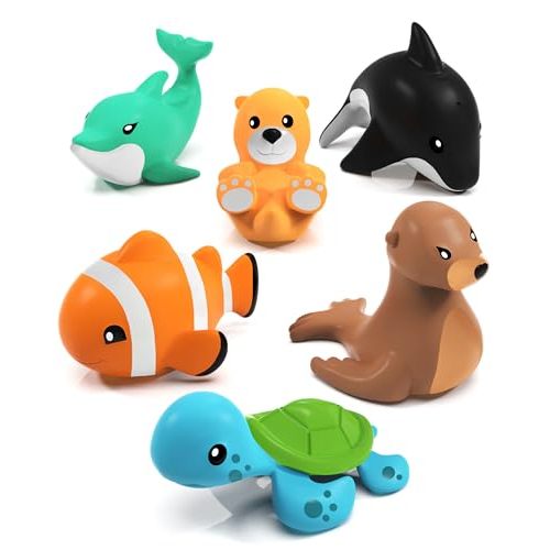 Tub Works® Marine™ Mold Free Bath Toys, 6 Pack | Sealed, No Hole Bath Toys Design Keeps Moisture Out | Soft, Squeezable & Float on Water | Easy-Grip Baby & Toddler Bath Toy Set | Great Baby Pool Toys