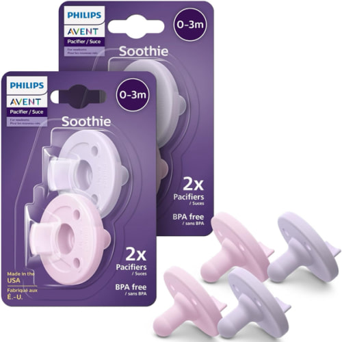 Philips Avent Soothie Orthodontic Baby Pacifiers, 100% Silicone Pacifiers, One Piece, BPA-Free, for Babies 0-3 Months, 2 Lilac and 2 Pink, 4 Pack, Model SCF190/70